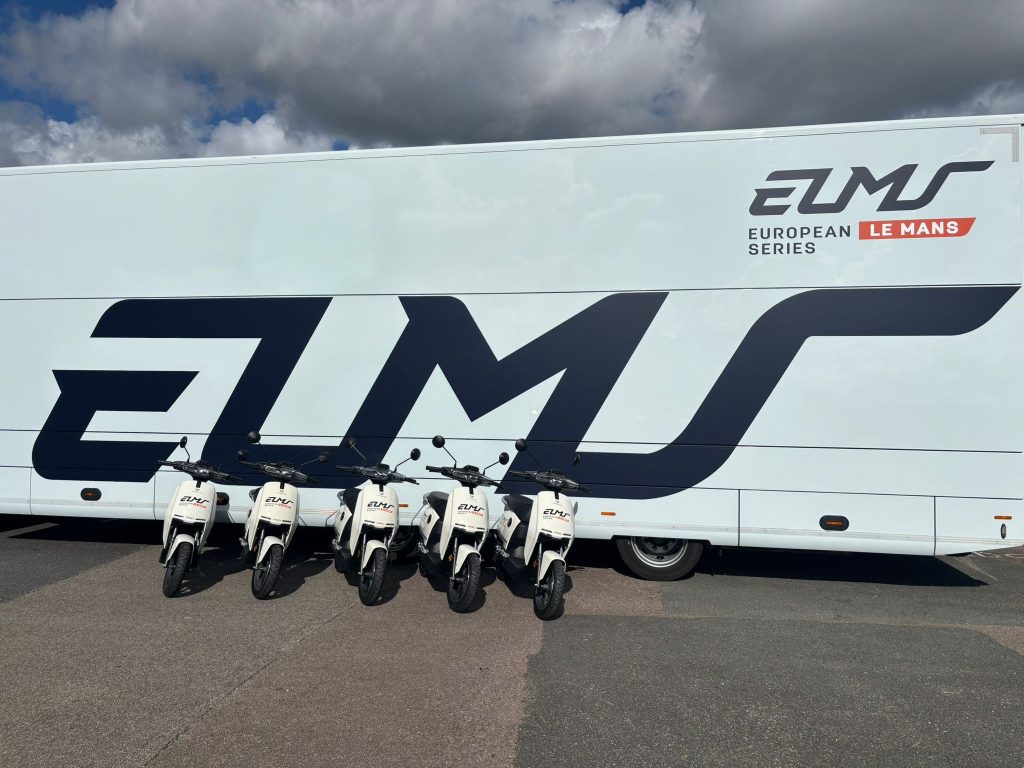 Five Vmoto electric paddock scooters parked up at the European Le Mans Series, Silverstone
