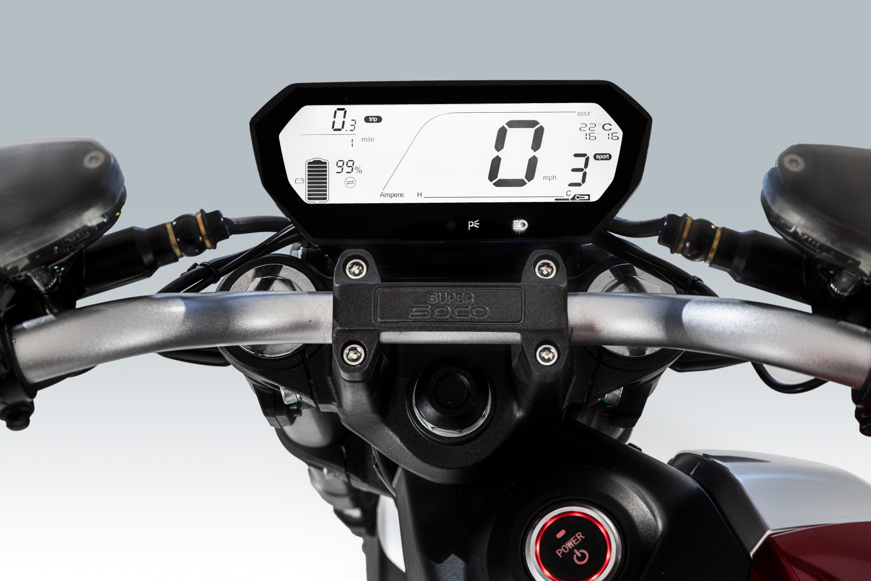 Super Soco TSx electric motorcycle digital dash display