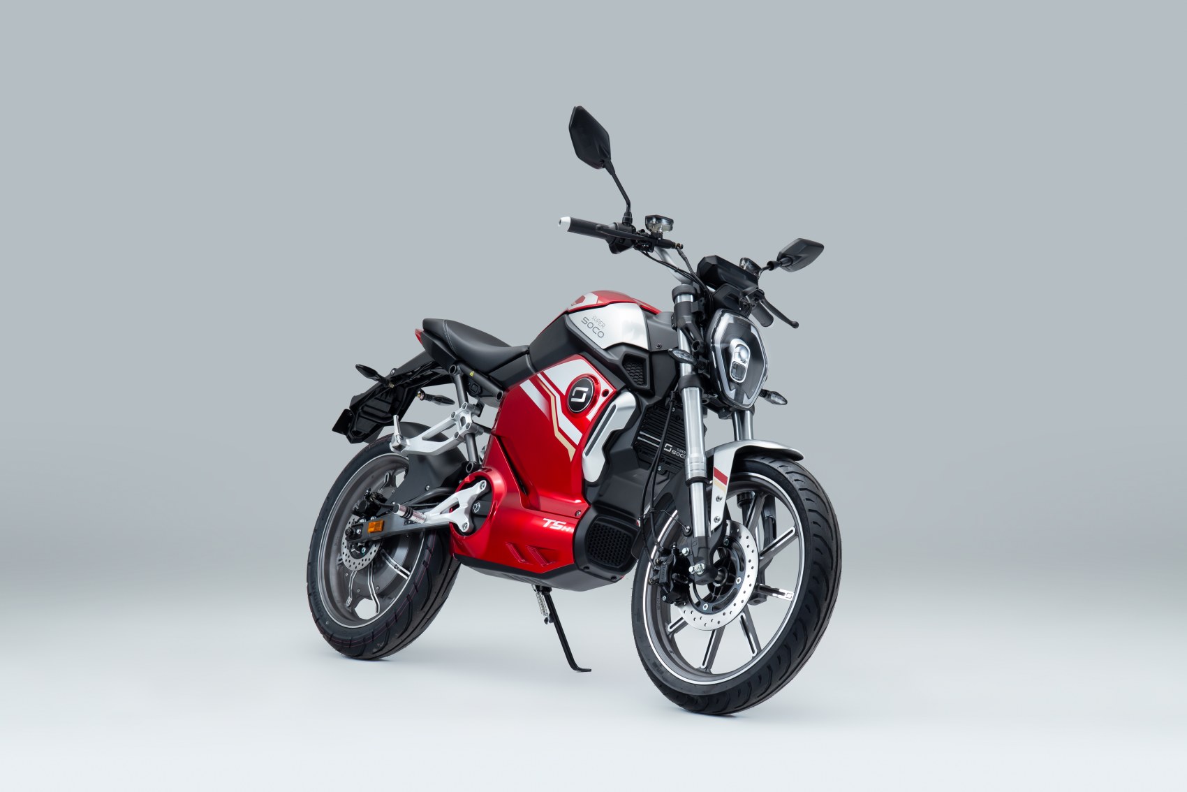 Super Soco TSx electric motorcycle front three quarter image